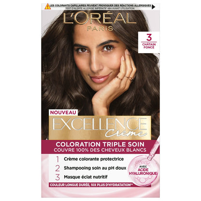 Coloration Permanente 3 Châtain Foncé Couvre 100% Cheveux Blancs Excellence Crème L'OREAL PARIS