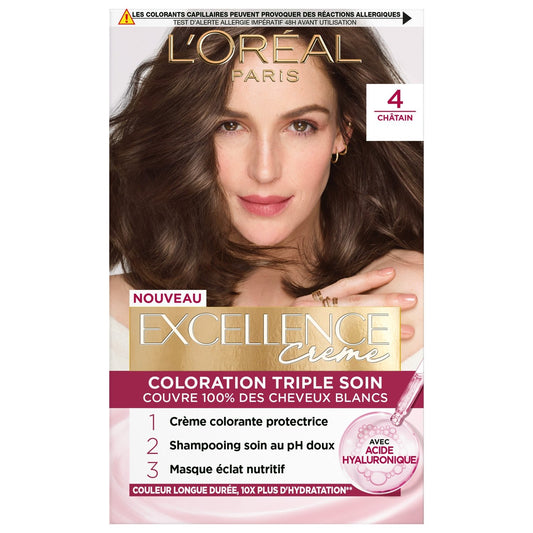 Coloration 4 Châtain Triple Soin Couvre 100% Cheveux Blancs Excellence Crème L'OREAL PARIS la boîte