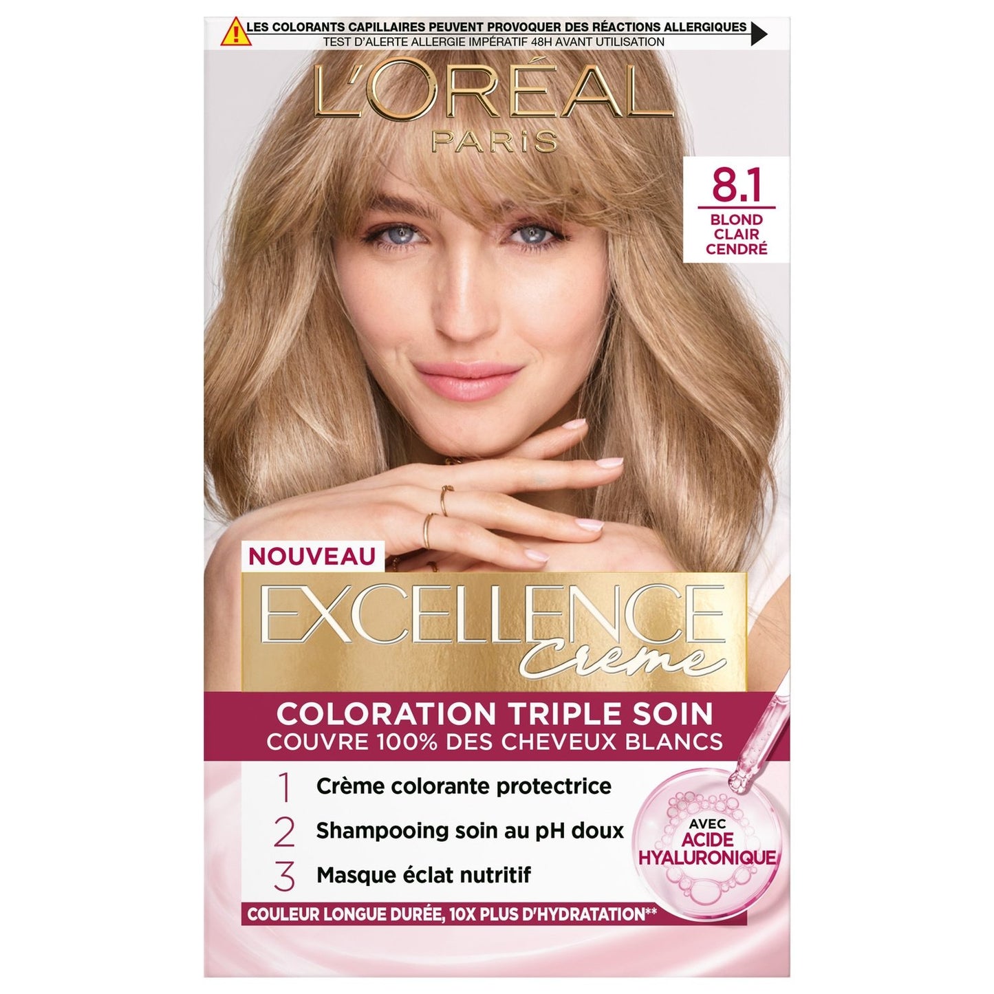 Coloration 8. 1 Light Ash Blonde Triple Hyaluronic Acid Excellence Cream Care L'OREAL PARIS