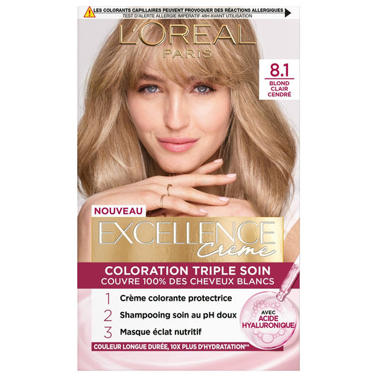 Coloration 8. 1 Light Ash Blonde Triple Hyaluronic Acid Excellence Cream Care L'OREAL PARIS