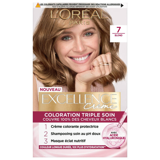 Coloration 7 Blond Enrichie en Acide Hyaluronique Couvre 100% Cheveux Blancs Excellence Crème L'OREAL PARIS la boîte