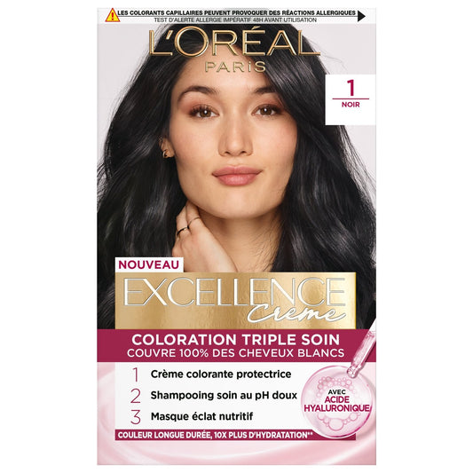 Coloration Permanente 1. 0 Noir Acide Hyaluronique Excellence Crème L'OREAL PARIS la boîte