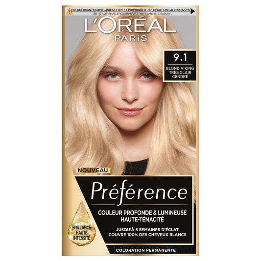 Coloration Permanente 9. 1 Oslo Blond Très Clair Cendré Brillance Haute Intensité Préférence L'OREAL PARIS la boîte