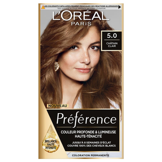Coloration Permanente 5. 0 Bruges Châtain Clair Brillance Haute Intensité Préférence L'OREAL PARIS la boîte