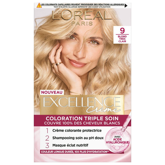 Coloration 9 Blond Très Clair Triple Soin Acide Hyaluronique Excellence Crème L'OREAL PARIS la boîte