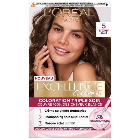 Coloration 5 Châtain Clair Enrichie en Acide Hyaluronique Couvre 100% Cheveux Blancs Excellence Crème L'OREAL PARIS la boîte