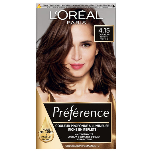 Coloration Permanente 4. 15 Caracas Marron Glacé Brillance Haute Intensité Préférence L'OREAL PARIS la boîte