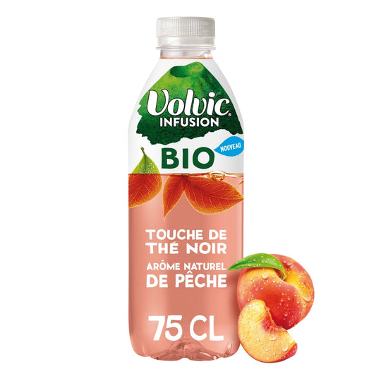 Eau Plate Aromatisée Infusion Thé Noir Pêche Bio Infusion VOLVIC la bouteille de 75cL