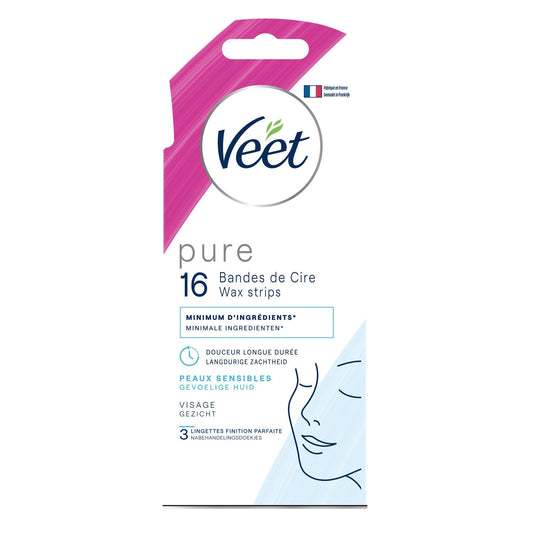 Bandes de Cire Froide Visage Peau Sensible Easy Grip Huile d'Amande VEET la boite de 16 bandes de cires
