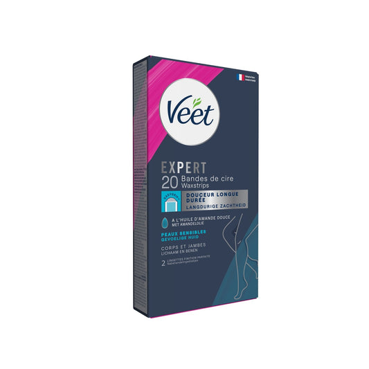 Bandes de Cire Froide Corps et Jambes Peaux Sensibles Huile d'Amande Douce Longue Durée Expert VEET la boîte de 20 bandes