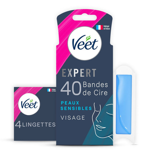 Bandes de Cire Froide Visage Peau Sensible Huile d'Amande Douce Longue Durée Expert VEET la boîte de 40 bandes