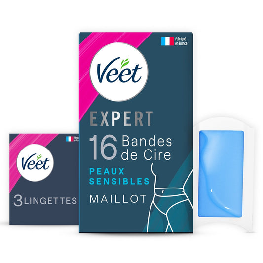 Bandes de Cire Froide Maillot Peau Sensible Longue Durée Huile d'Amande Douce Expert VEET la boite de 16 bandes
