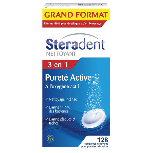 Nettoyant Appareil Dentaire Pureté Active STERADENT la boite de 128 comprimés