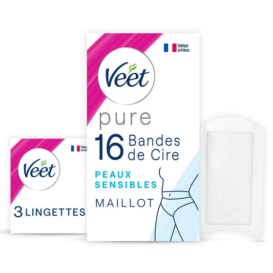 Bandes de Cire Froide Maillot Peau Sensible Hypoallergénique Sans Parfum Technologie Easy-Gelwax VEET la boîte de16 bandes
