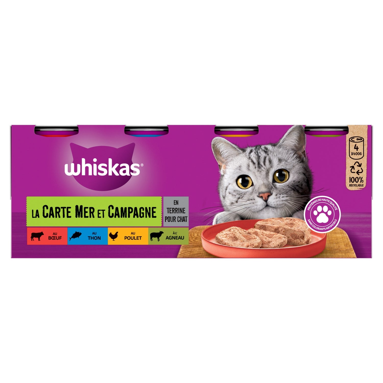 Pâtée pour Chat Adulte en Terrine Boeuf Poulet Thon Agneau WHISKAS 