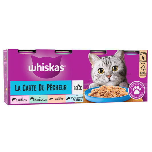 Pâtée pour Chat Adulte en Gelée Saumon Thon Truite Poisson Blanc la Carte du Pêcheur WHISKAS les 4 boîtes de conserve
