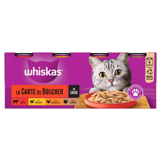 Pâtée pour Chat Adulte en Sauce Boeuf Agneau Veau Dinde Canard Poulet Gibier Volaille la Carte du Boucher WHISKAS les 4 boîtes de conserve