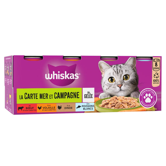 Pâtée pour Chat Adulte en Gelée Boeuf Dinde Volaille Truite la Carte du Monde WHISKAS les 8 boîtes de conserve