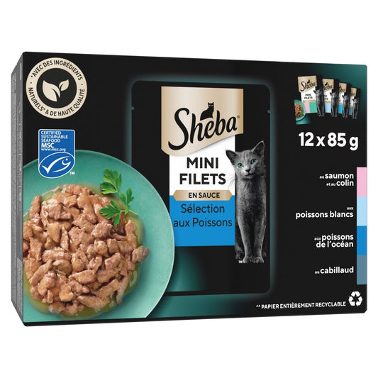 Pâtée pour Chat Adulte Mini Filets en Sauce Sélection Poissons Pêche Durable Msc SHEBA la boîte de 12 sachets fraîcheur