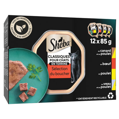 Pâtée pour Chat Adulte en Terrine Canard Poulet Boeuf Jambon Sélection du Boucher SHEBA