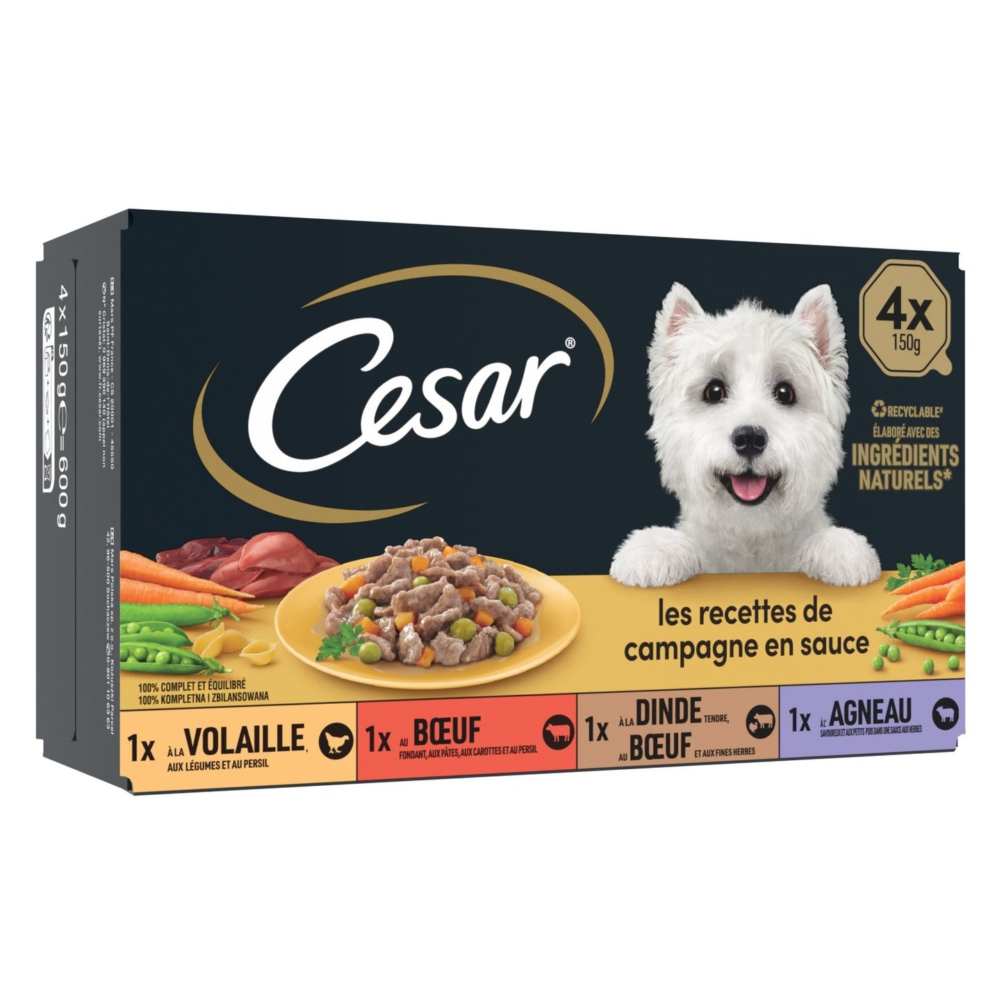 Pâtée pour Chien Adulte Petit < 10kg Sauce Volaille Boeuf Dinde Agneau les Recettes de Campagne CESAR