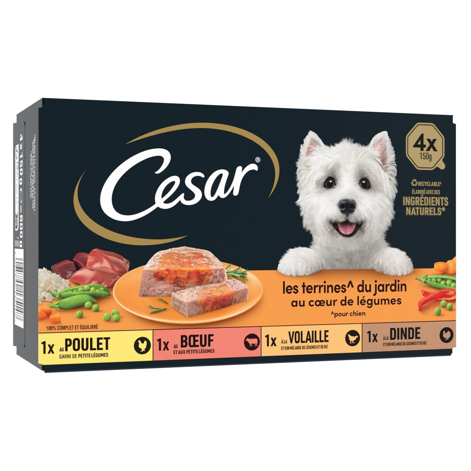 Pâtée pour Chien Adulte Terrine Poulet Boeuf Volaille Dinde Légumes les Terrines du Jardin CESAR la boîte de 4 barquettes
