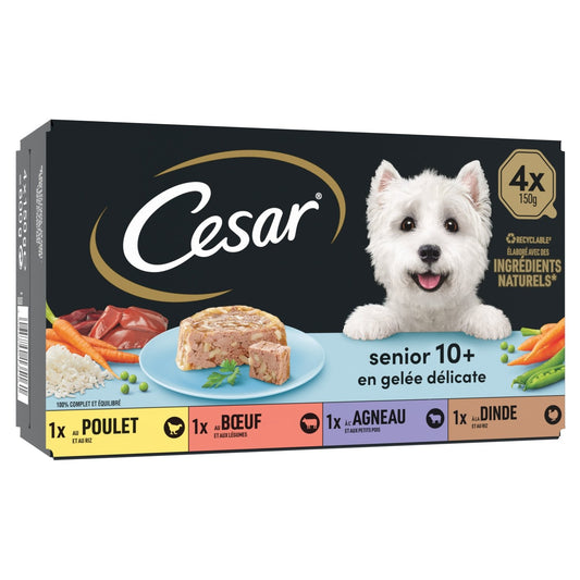 Pâtée pour Chien Sénior Gelée Poulet Boeuf Agneau Dinde CESAR la boîte de 4 barquettes