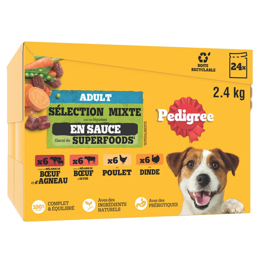 Pâtée pour Chien Adulte en Sauce Poulet Dinde Boeuf Agneau Vital Protection PEDIGREE la boîte de 24 sachets fraîcheur
