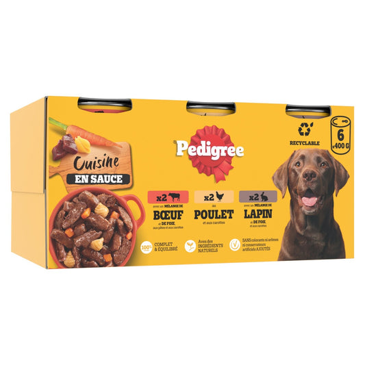 Pâtée pour Chien Adulte en Sauce Boeuf Agneau Lapin Volaille PEDIGREE les 6 boîtes de conserve