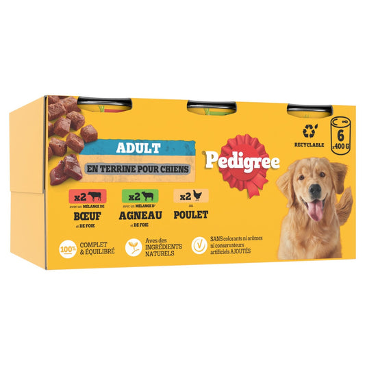 Pâtée pour Chien Adulte Terrine Boeuf Poulet Agneau PEDIGREE les 6 boîtes de conserve
