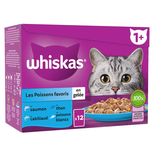 Pâtée pour Chat Adulte en Gelée Saumon Thon Cabillaud Poisson Blanc les Poissons Favoris WHISKAS la boîte de 12 sachets fraîcheur