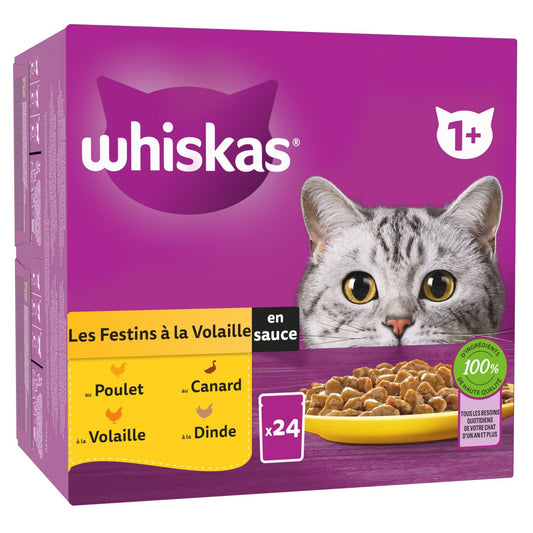 Pâtée pour Chat Adulte en Sauce Volaille Poulet Canard Dinde WHISKAS la boîte de 24 sachets