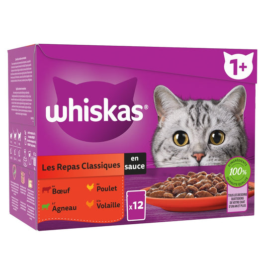 Pâtée pour Chat Adulte en Sauce Poulet Agneau Boeuf WHISKAS la boite de 12 sachets