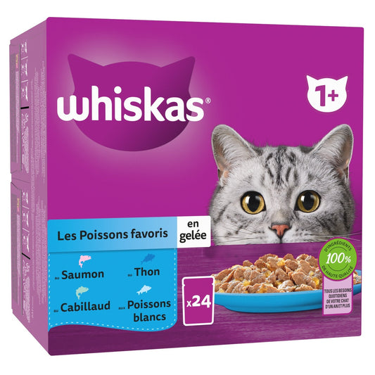 Pâtée pour Chat Adulte en Gelée Saumon Thon Cabillaud Poisson Blanc WHISKAS la boîte de 24 sachets fraîcheur