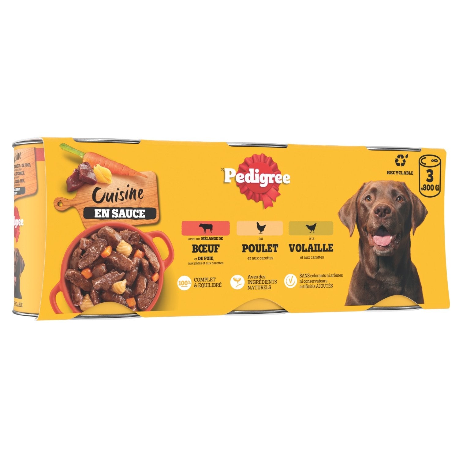 Pâtée pour Chien Adulte Sauce Boeuf Poulet Volaille les Cuisinés PEDIGREE Le lot de 3 boîtes de 800g