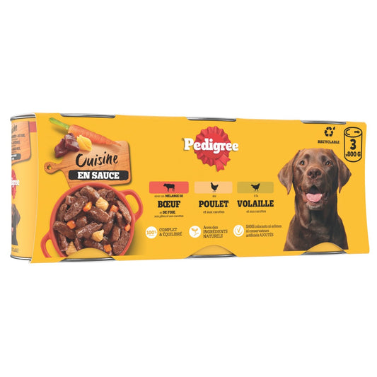 Pâtée pour Chien Adulte Sauce Boeuf Poulet Volaille les Cuisinés PEDIGREE Le lot de 3 boîtes de 800g