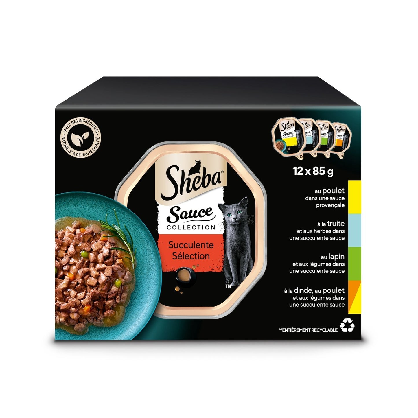Pâtée pour Chat Adulte en Sauce Lapin Légumes Truite Herbes Poulet Dinde SHEBA