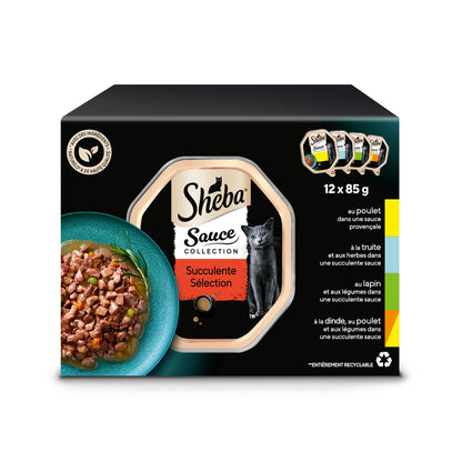 Pâtée pour Chat Adulte en Sauce Lapin Légumes Truite Herbes Poulet Dinde SHEBA