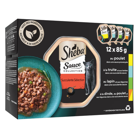 Pâtée pour Chat Adulte en Sauce Lapin Légumes Truite Herbes Poulet Dinde SHEBA la boîte de 12 barquettes