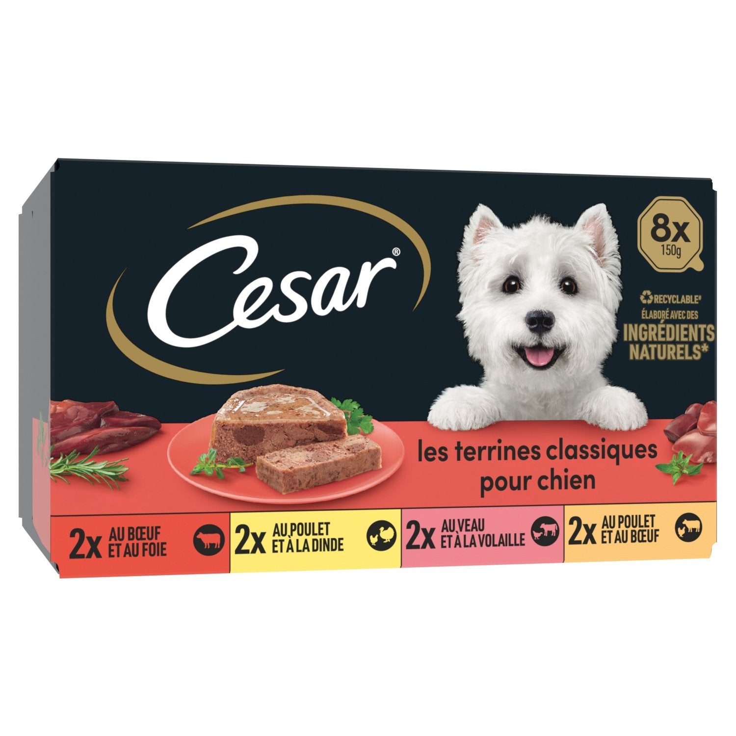 Terrine Classique pour Chien Adulte 4 Variétés CESAR la boite de 1,2Kg