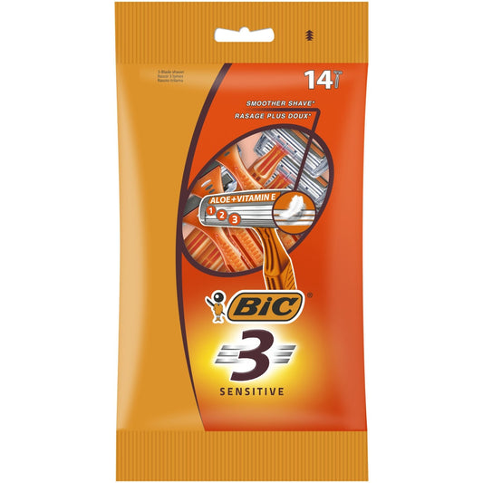Rasoir Jetable 3 Lames Homme Peau Sensible Plus Doux Sensitive BIC le sachet de 14 rasoirs jetables
