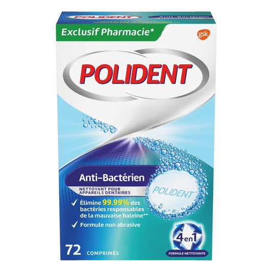 Nettoyant Anti-Bactérien Nettoyage Prothèses Dentaires POLIDENT la boite de 96 comprimés