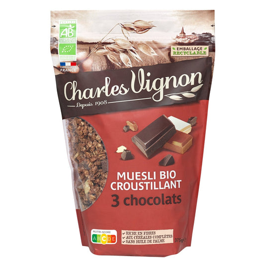 Céréales Muesli Croustillant 3 Chocolats Bio CHARLES VIGNON Le sachet de 375 g