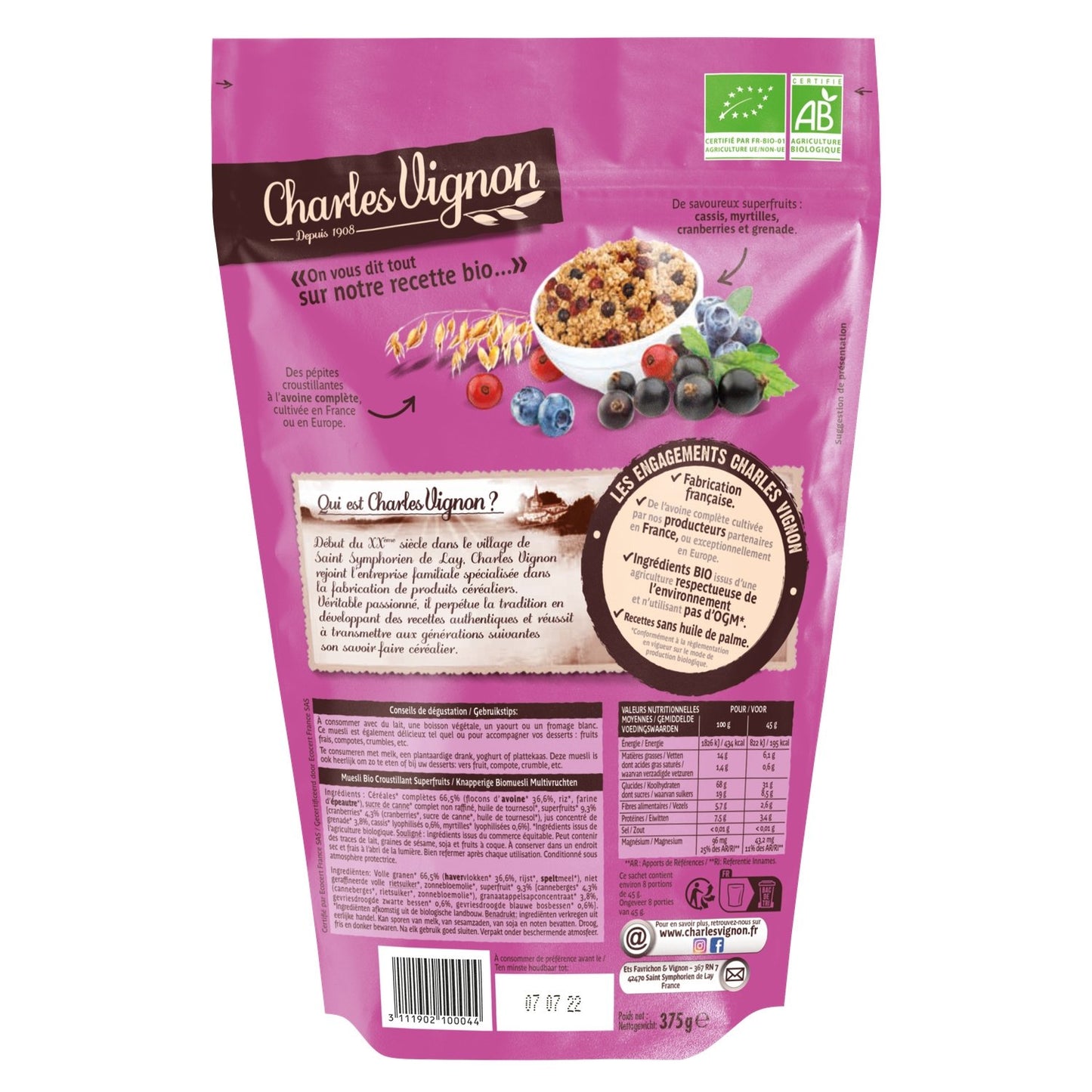 CHARLES VIGNON Organic Crunchy Superfruit Muesli Cereal