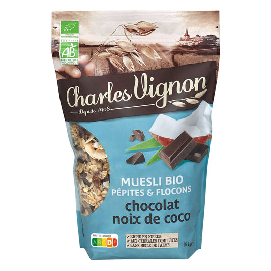 Céréales Muesli Pépites et Flocons Chocolat Noix de Coco Bio CHARLES VIGNON Le sachet de 375 g