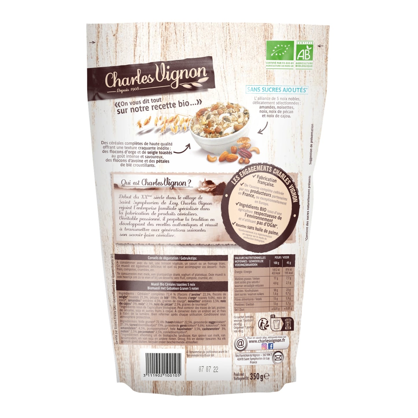 Organic Muesli Cereals Toasted 5 Nuts CHARLES VIGNON