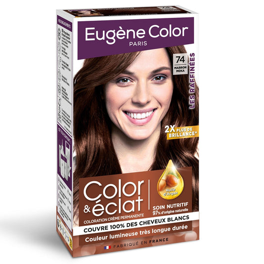Coloration Permanente 74 Marron Moka Ultra Brillant les Raffinées Huile d'Argan EUGENE COLOR la boite de 115 ml