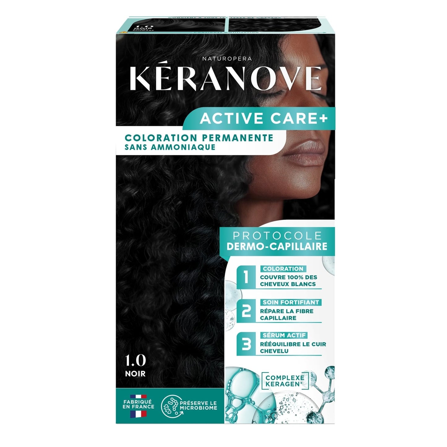 Coloration Permanente 1.0 Noir Sans Ammoniaque Protocole Dermo-Capillaire Complexe Keragen Préserve Le Microbiome Active Care+ KERANOVE 