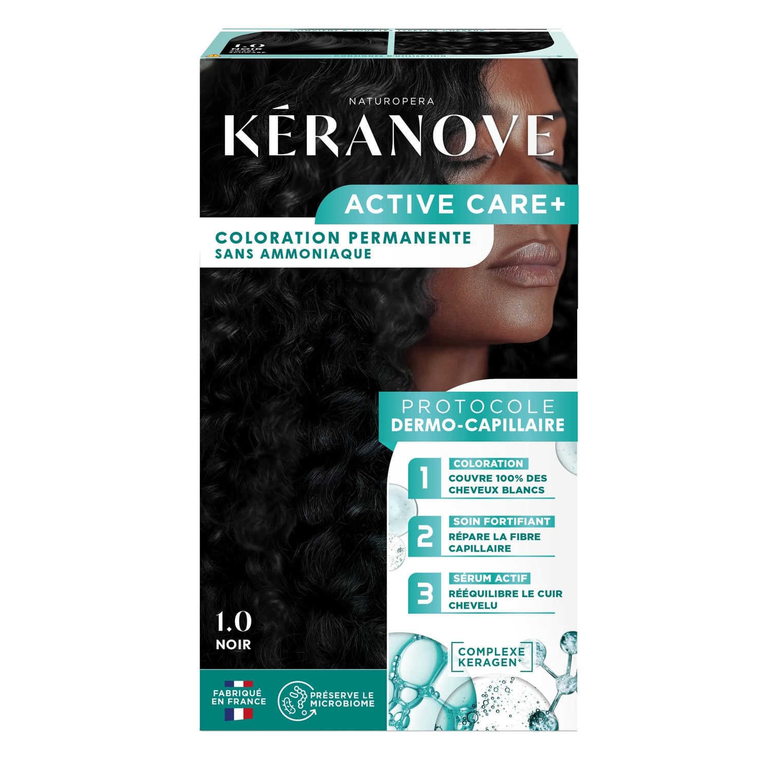 Coloration Permanente 1.0 Noir Sans Ammoniaque Protocole Dermo-Capillaire Complexe Keragen Préserve Le Microbiome Active Care+ KERANOVE 