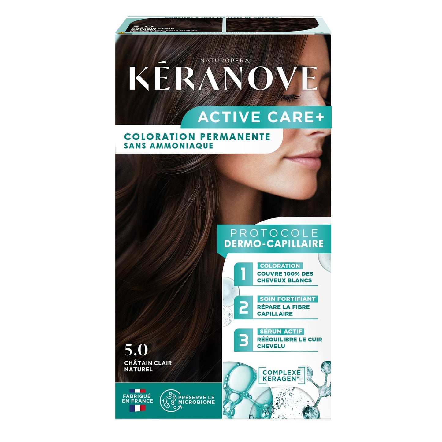Coloration Permanente 5.0 Châtain Clair Naturel Sans Ammoniaque Couvre 100% Cheveux Blancs Active Care+ KERANOVE 